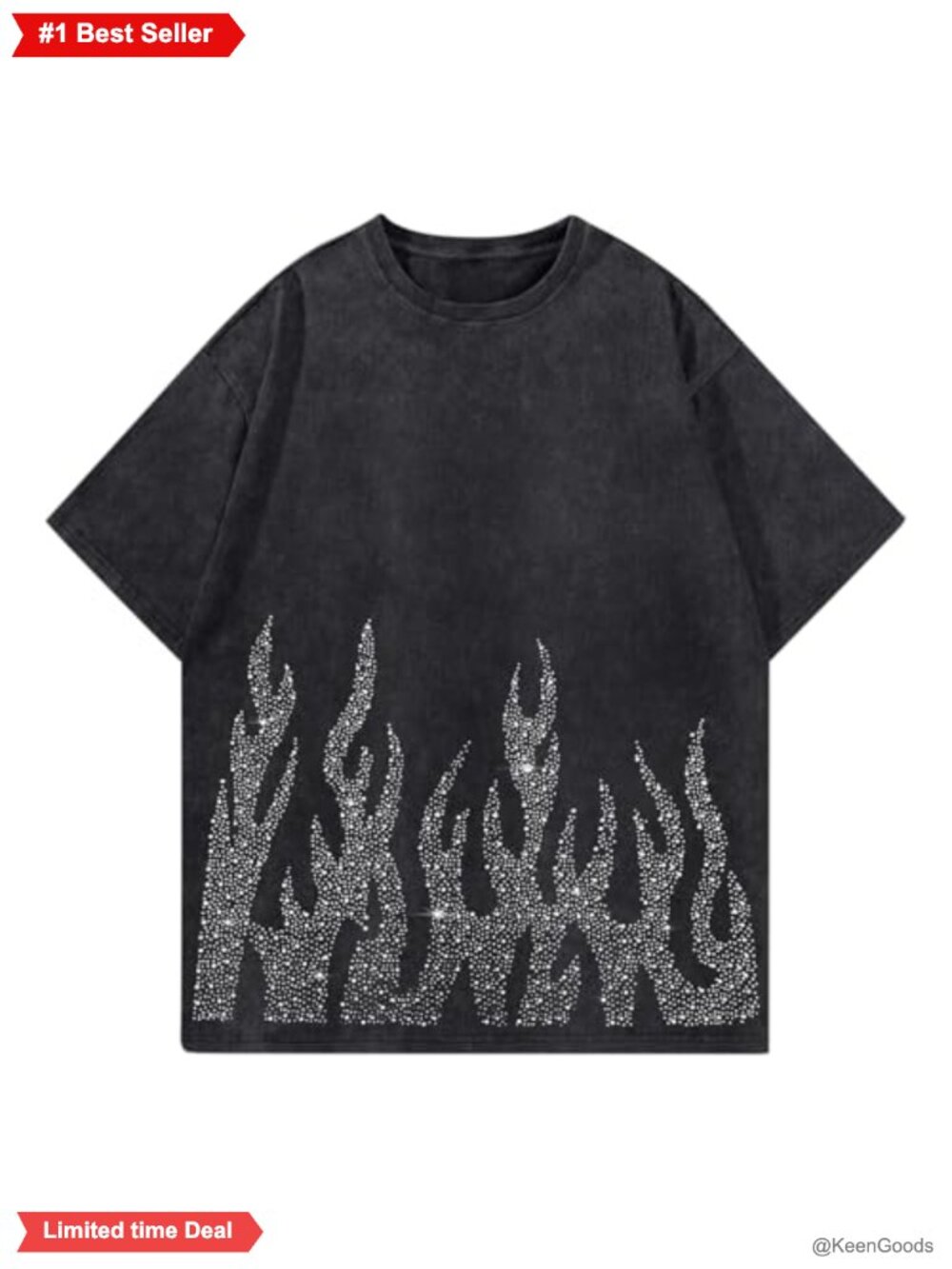 Men's Oversized Graphic Tee Rhinestone Flame Washed T-Shirt Streetwear Y2K